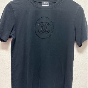 Authentic CHANEL Black Short Sleeve uniform T-Shirt with Embellished CC Logo
